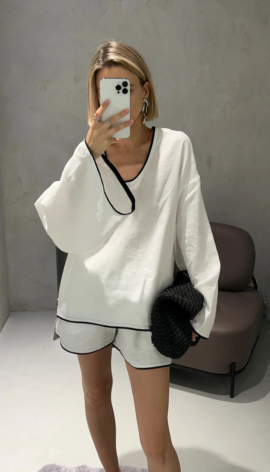White Linen Set with Piping